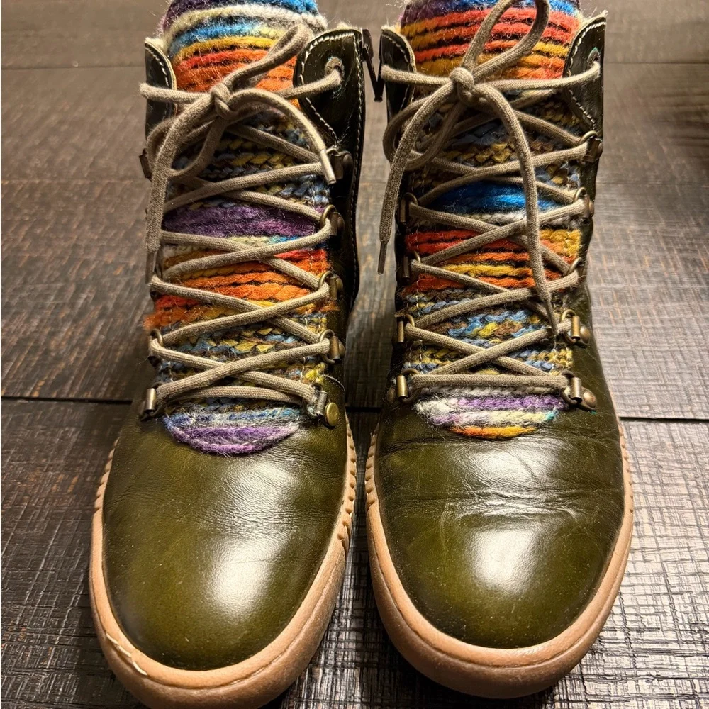 Josef Seibel Olive Lace Up Boots with Colorful Knit - Picture 1 of 6